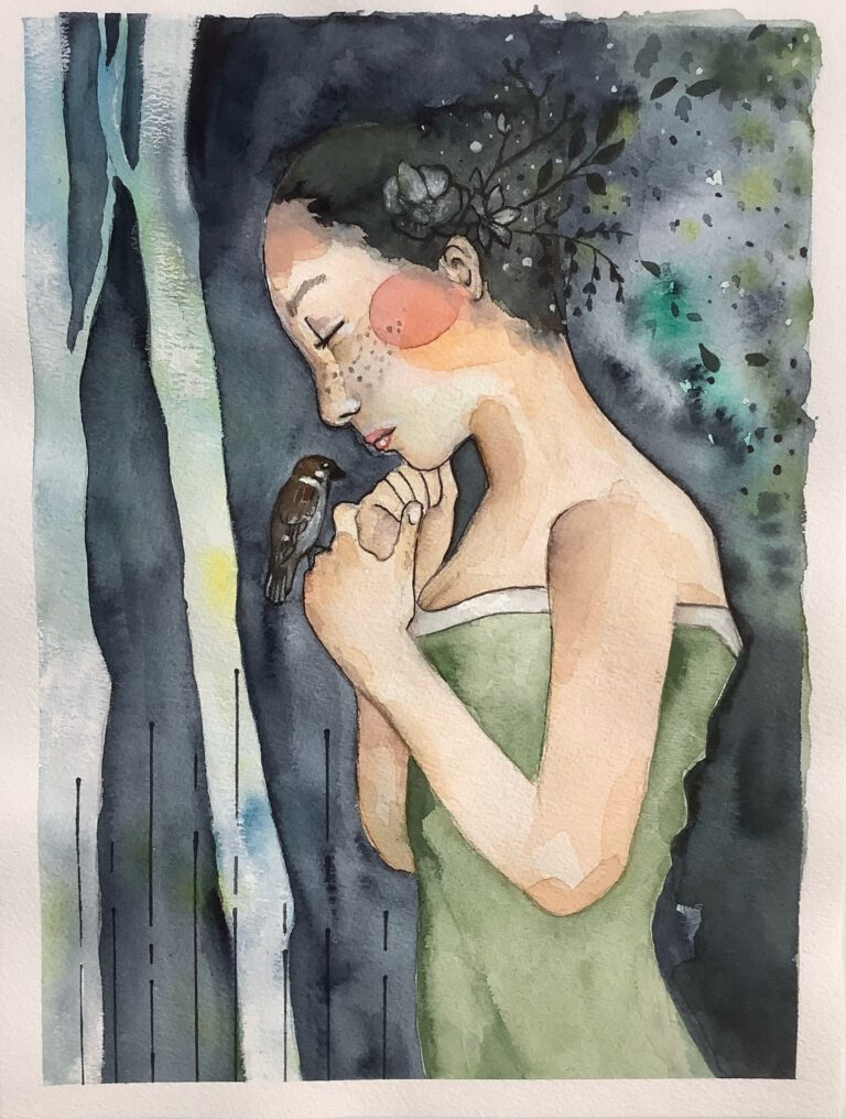 Aquarellmalerei von daniela Gruno. Zu sehen ist eine Frauenfigur