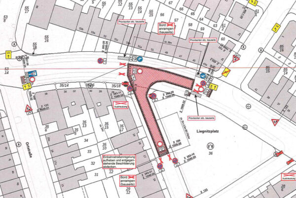 Dies ist eine Karte vom Liegnitzplatz und den anliegenden Straßen mit einer Baustellen Zeichnung.