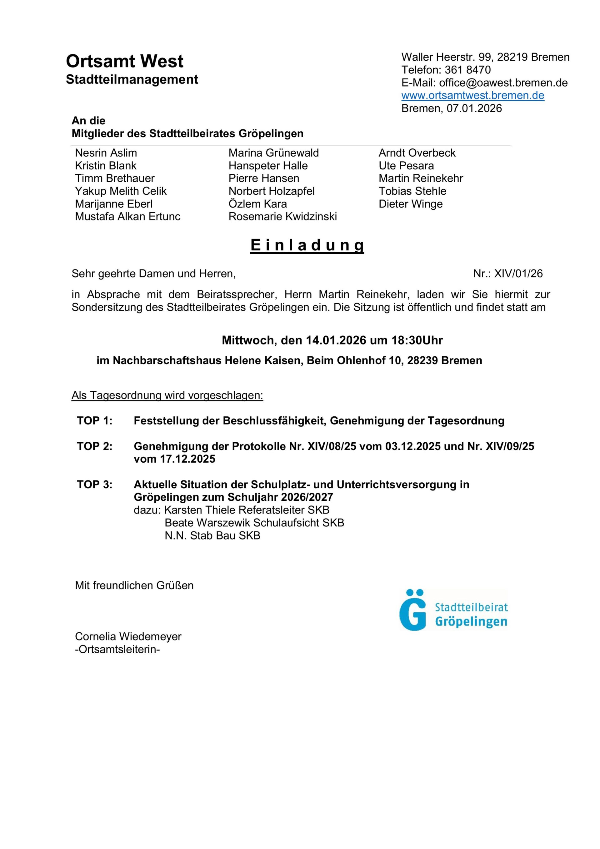 Sondersitzung Gröpelinger Beirat