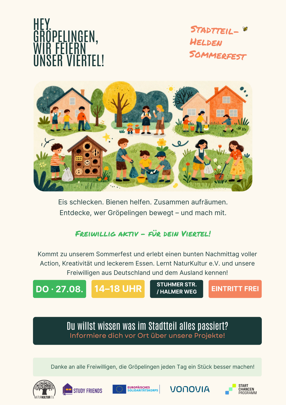 Das ist ein Plakat zur einladung zum sommerfest auf dem grafische Darstellungen von Kindern und Erwachsenen abgebildet werden, die sich für ihre Umwelt einsetzen.