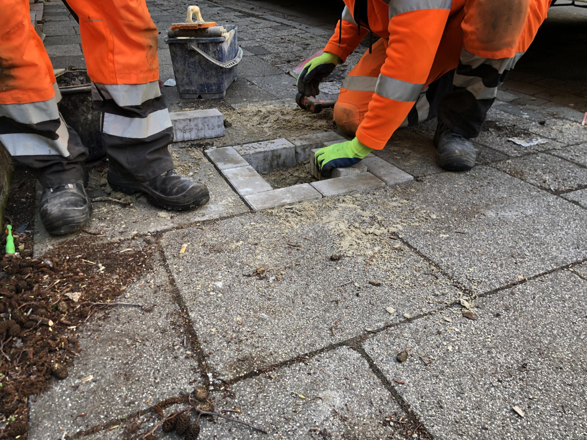 Eine Gehwegplatte wurde entfernt, um einen Stolperstein zu verlegen. Das Bild zeigt Hände des Handwerkers bei der Verlegung kleinrer Plastersteine. 
