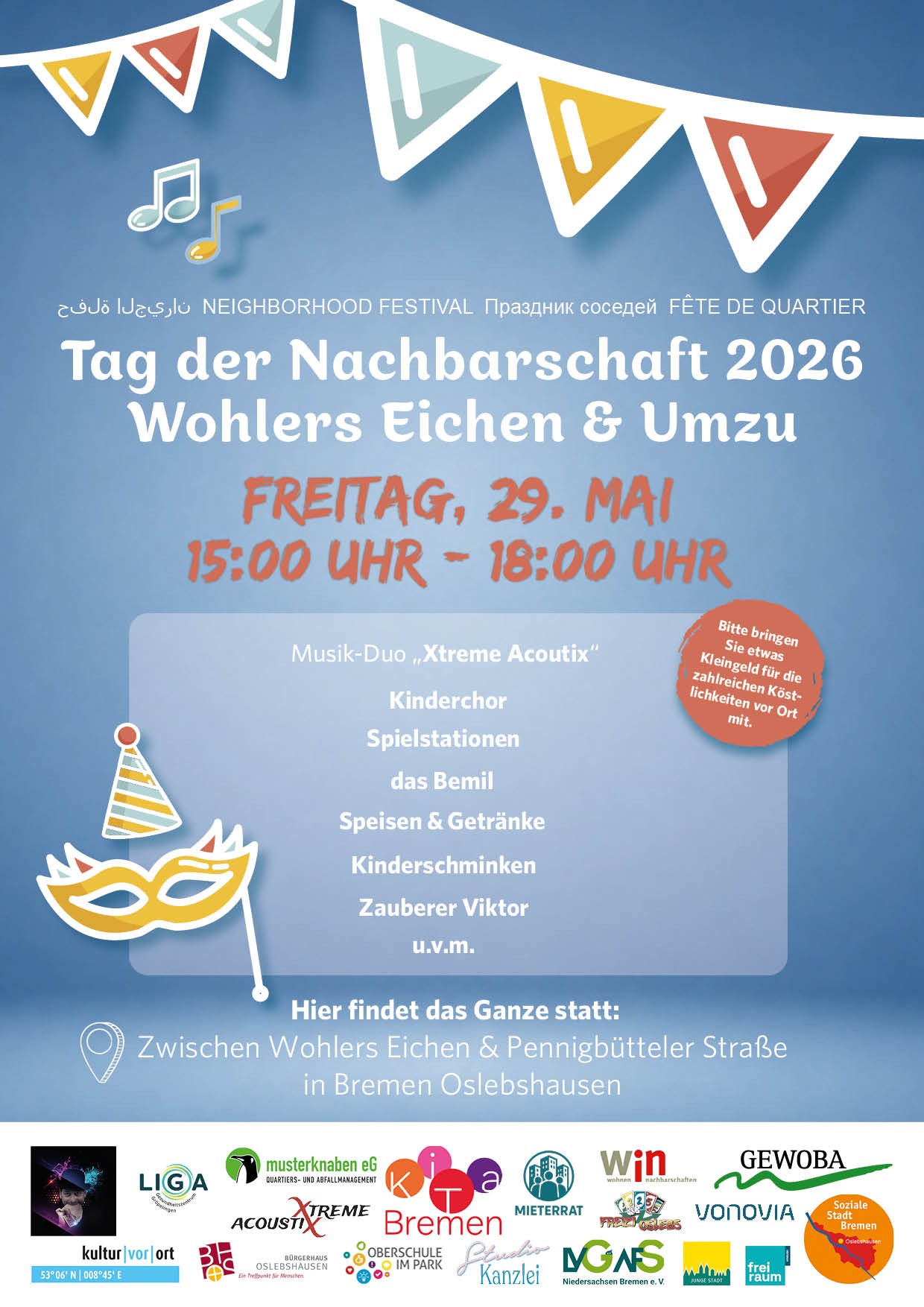 Ein Plakat, auf dem der Tag der Nachbarschaft in Wohlers eichen angekündigt wird.