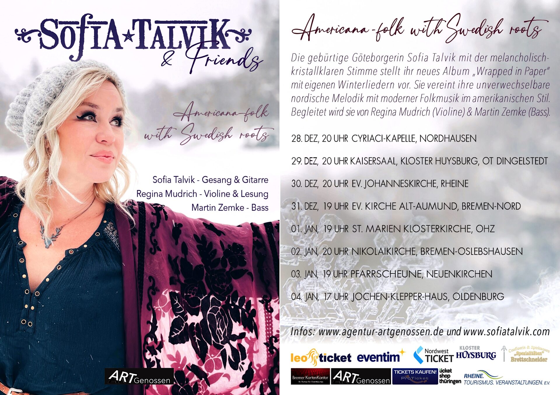 Auf diesem Programmflyer sind die Tourdaten der Musikerin Sofia Talvik zu sehen. Auf der linken Seite ist ein Bild der Musikerin zu sehen.
