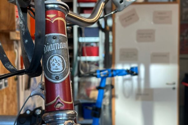 Die Fahrradgabel eine älteren Fahrrades der Marke "Diamant" ist im Anschnitt zu sehen.