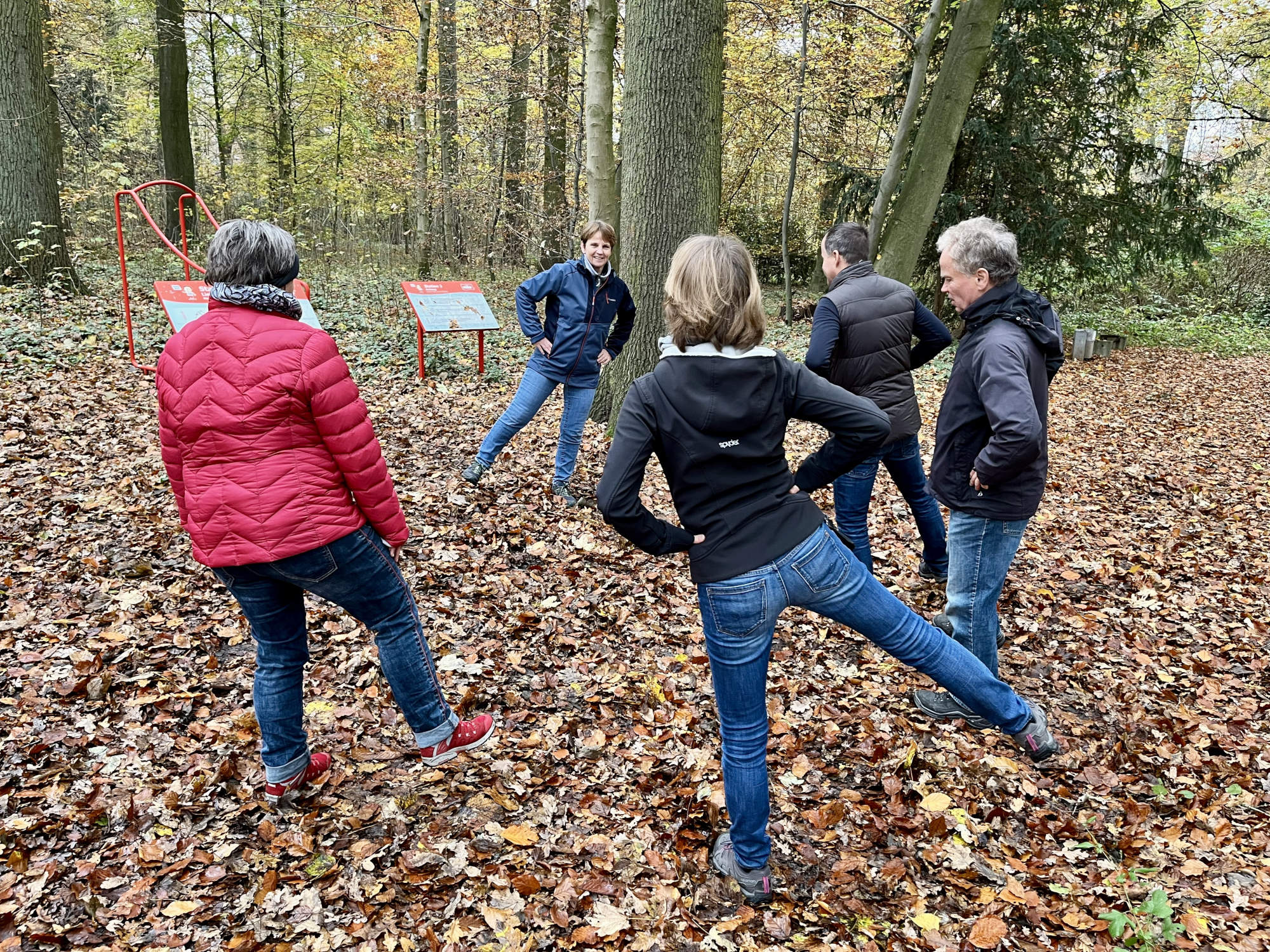 In einem Laubwald befinden sich mehrere Personen im Halbkreis aufgestellt. Sie machen Fitnessübungen.