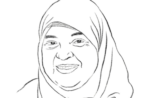 Das ist eine Zeichnung von Bettina Bexte bei der Halime Cengiz zu sehen ist, die ein Kopftuch trägt und lächelt