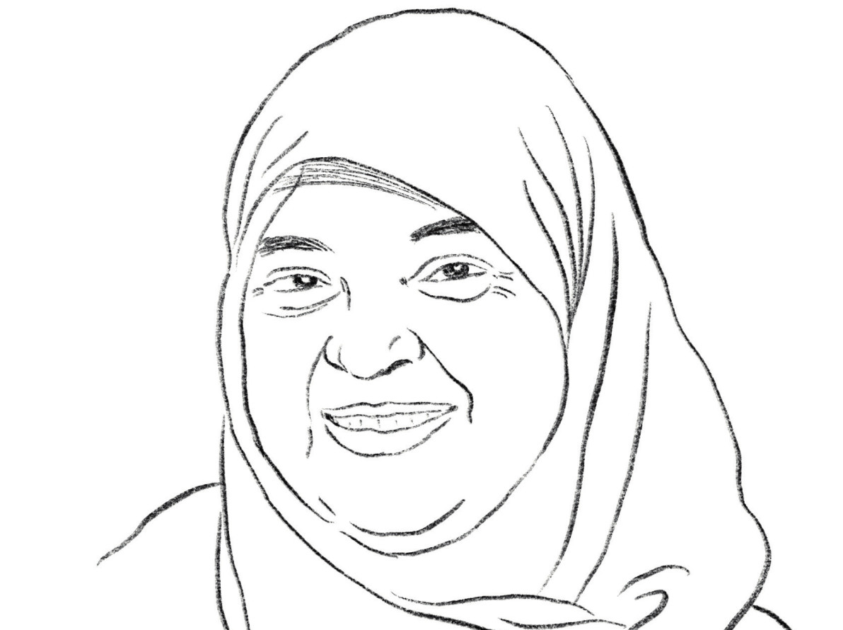 Das ist eine Zeichnung von Bettina Bexte bei der Halime Cengiz zu sehen ist, die ein Kopftuch trägt und lächelt