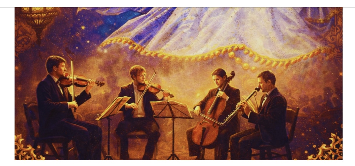 Auf einem Gemälde sind vier Musiker zu sehen, die nebeneinander, zueinander zugewandt musizieren mit zwei Violinen, einem Kontrabaß und einer Klarinette