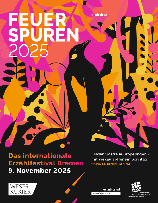 Das ist das Titelblatt des Programmhefts für das Erzählfestival Feuerspuren auf der unter anderem ein Pinguin abgebildet ist.