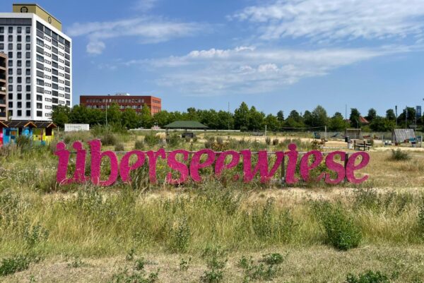 Eine grüne Wiese mit einem Hochhaus im Hintergrund auf der linken Seite hat einen Schriftzug auf Sperrholzplatten: Überseewiese"