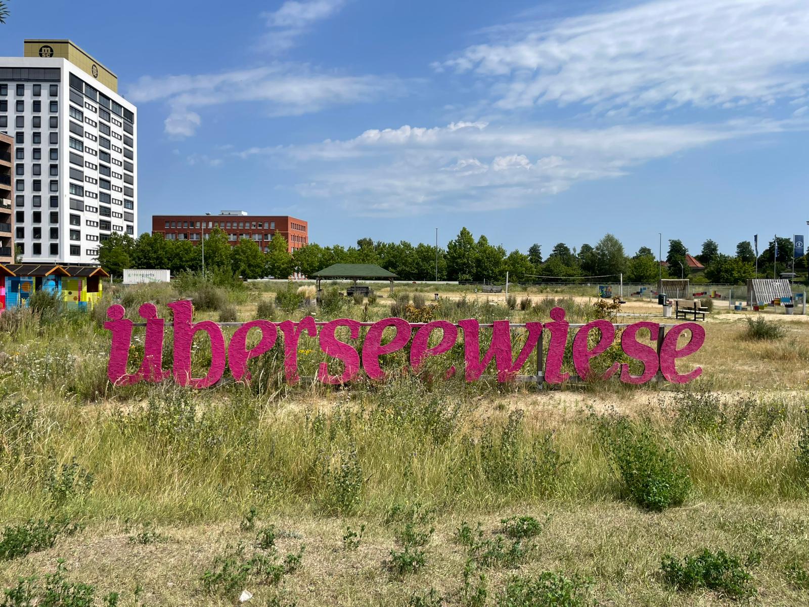 Eine grüne Wiese mit einem Hochhaus im Hintergrund auf der linken Seite hat einen Schriftzug auf Sperrholzplatten: Überseewiese"