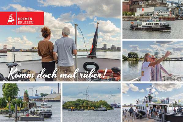Dies ist die Vorderseite einer Postkarte mit mehreren Fotos, auf der die Weserfähre Bremen einlädt "Komm doch mal rüber"