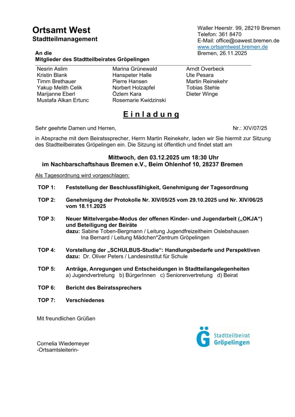 Einladung zum Fachausschuss Gröpelinger Beirat