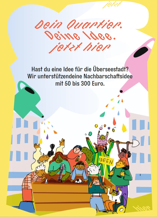 Das ein Plakat mit dem Aufruf Anträge für die Gestaltung der Überseestadt zu stellen