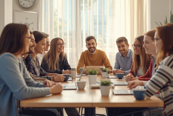 An einem großen Tisch sitzen sich Menschen gegenüber, die Arme auf die Tischplatte gelegt. In der Mitte des Tisches sind Tassen und Stifte zu sehen.