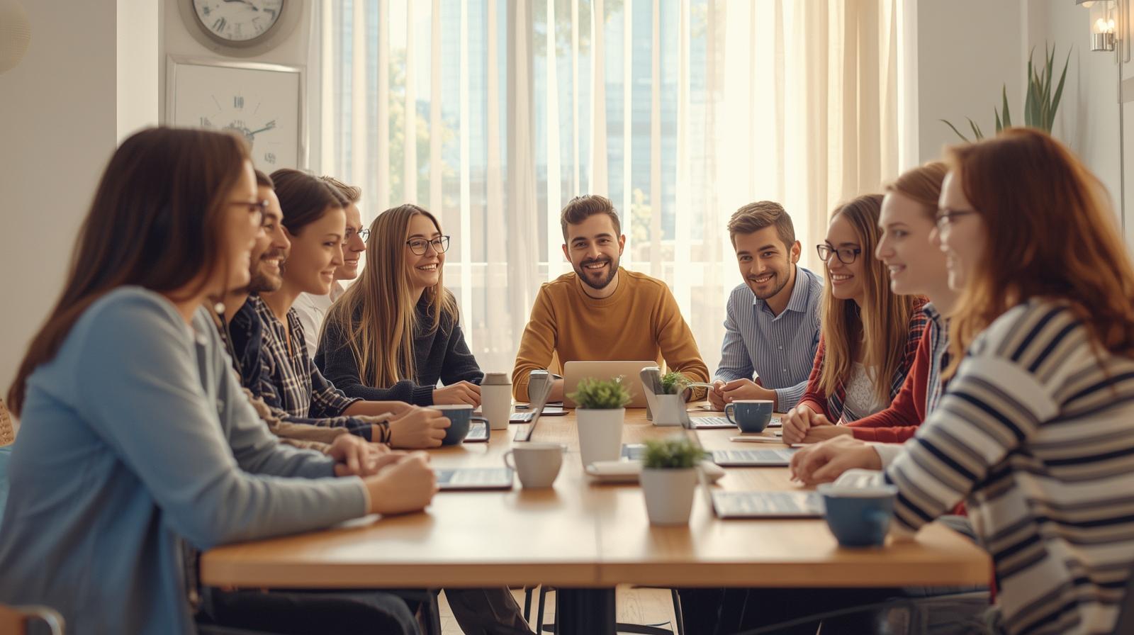 An einem großen Tisch sitzen sich Menschen gegenüber, die Arme auf die Tischplatte gelegt. In der Mitte des Tisches sind Tassen und Stifte zu sehen.