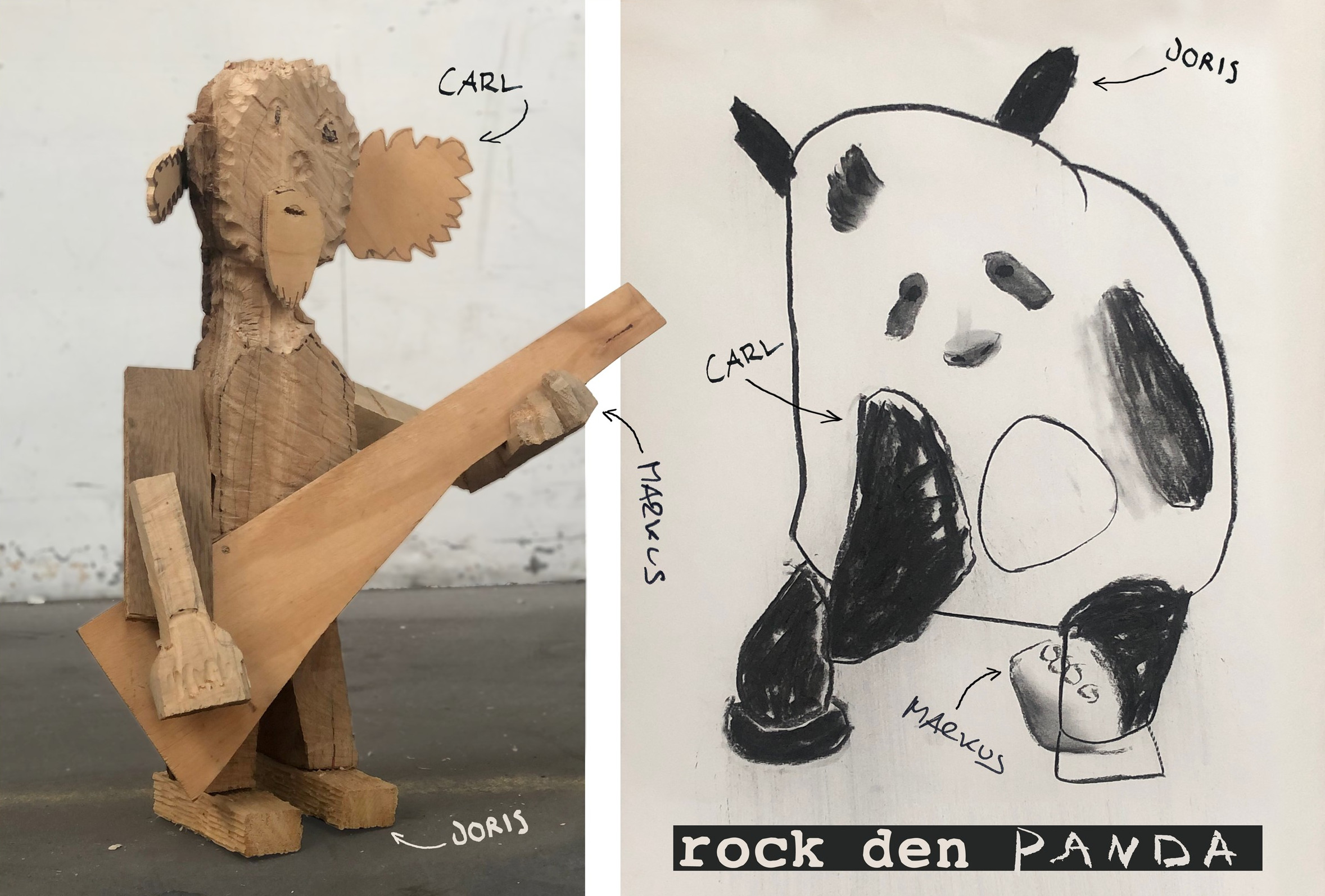 Das ist die Einladungskarte von der Ausstellung Rock den Panda auf der zwei figuren zu sehen sind. Eine ist aus Holz, die andere eine Zeichnung. Die Namen Carl, Joris und Markus sind dazugeschrieben ebenso wie der Titel der Ausstellung.