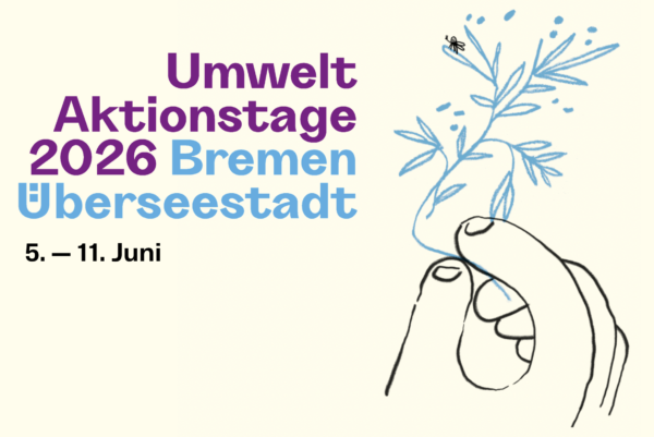 Plakat der Umweltaktionestage 2026 Bremen Überseestadt vom 5.-11. Juni mit einer grafischen Darstellung einer Hand, die eine Pflanze hält auf der eine Biene Hi-Five macht.